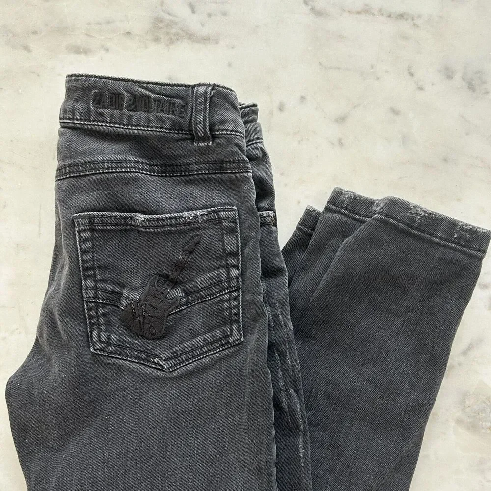 Zadig & Voltaire Girl's Faded Black Jeans Size‎ 10 138 Embroidered Guitar Skull